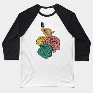 Flower Cat with Butterfly Baseball T-Shirt